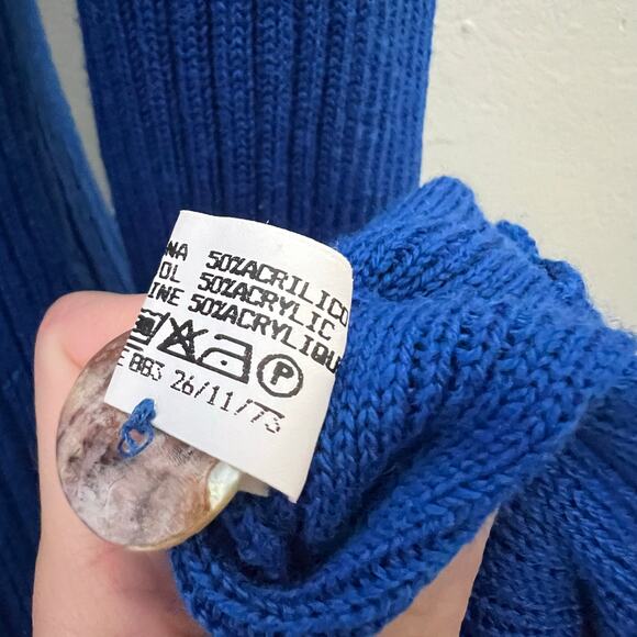 Maria Scotto Wool Blend Robe Sweater Dress MED Blue Midi Rib Knit Lettuce Trim - Picture 6 of 10